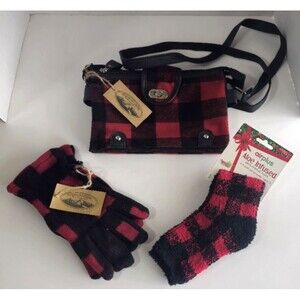 Woodland Creek Flannel Fabric Handbag Purse, Gloves, & Socks Lot of 3